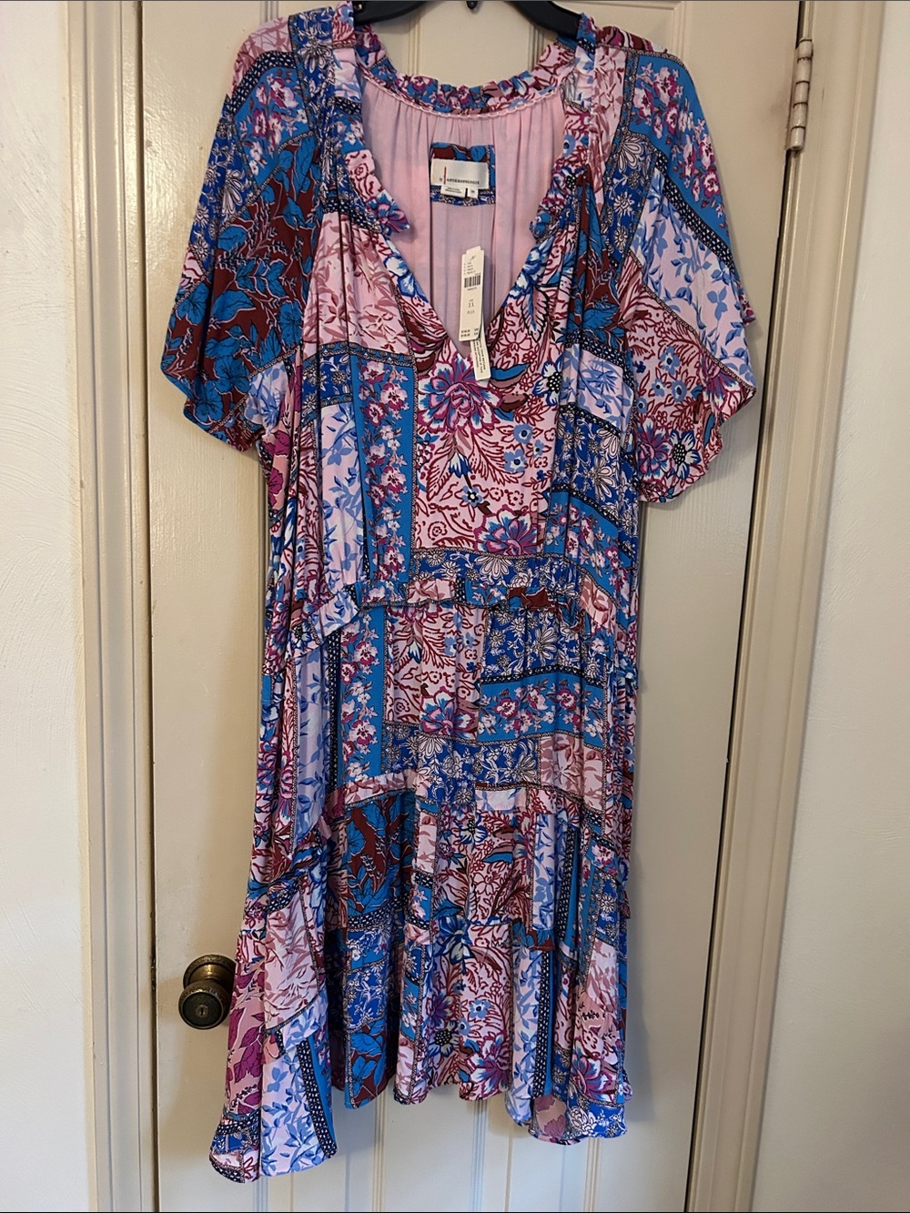 Anthropologie Blue and Pink Patchwork Floral Midi Dress